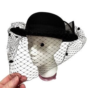 Dressy black felted wool hat large netting bowl & mesh fascinator made in USA